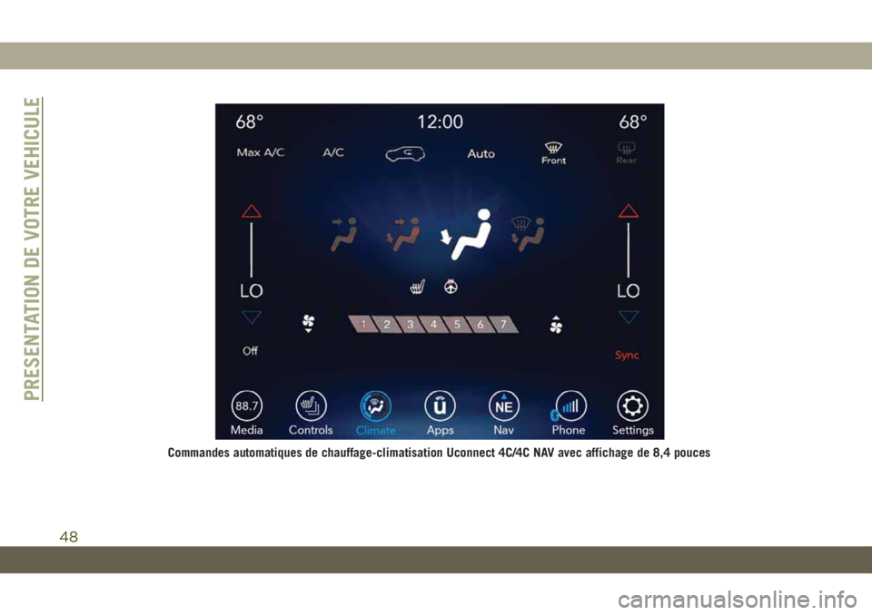 JEEP CHEROKEE 2019  Notice dentretien (in French) Commandes automatiques de chauffage-climatisation Uconnect 4C/4C NAV avec affichage de 8,4 pouces
PRESENTATION DE VOTRE VEHICULE
48 