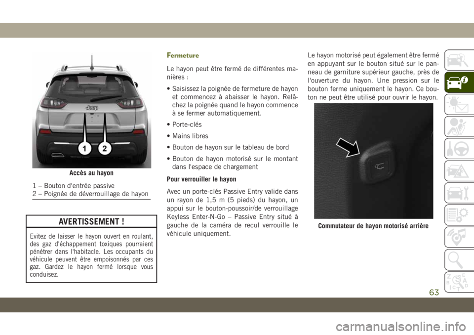 JEEP CHEROKEE 2019 Notice dentretien (in French) AVERTISSEMENT !
Evitez de laisser le hayon ouvert en roulant,
des gaz d'échappement toxiques pourraient
pénétrer dans l'habitacle. Les occupants du
véhicule peuvent être empoisonnés par JEEP CHEROKEE 2019 Notice dentretien (in French) AVERTISSEMENT !
Evitez de laisser le hayon ouvert en roulant,
des gaz d'échappement toxiques pourraient
pénétrer dans l'habitacle. Les occupants du
véhicule peuvent être empoisonnés par
