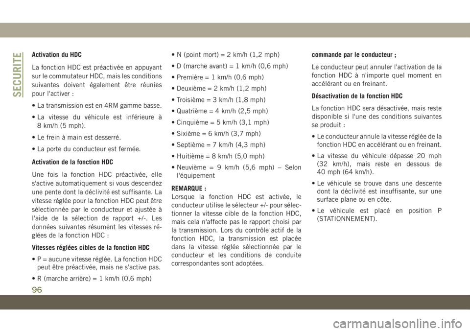 JEEP CHEROKEE 2019 Notice dentretien (in French) Activation du HDC
La fonction HDC est préactivée en appuyant
sur le commutateur HDC, mais les conditions
suivantes doivent également être réunies
pour l'activer :
• La transmission est en 4 JEEP CHEROKEE 2019 Notice dentretien (in French) Activation du HDC
La fonction HDC est préactivée en appuyant
sur le commutateur HDC, mais les conditions
suivantes doivent également être réunies
pour l'activer :
• La transmission est en 4