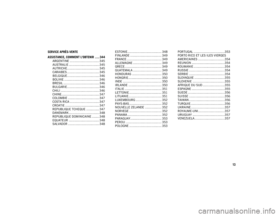 JEEP CHEROKEE 2021  Notice dentretien (in French) 13
SERVICE APRÈS-VENTE
ASSISTANCE, COMMENT L'OBTENIR  ..... 344
ARGENTINE ................................ 345
AUSTRALIE ................................. 345
AUTRICHE............................