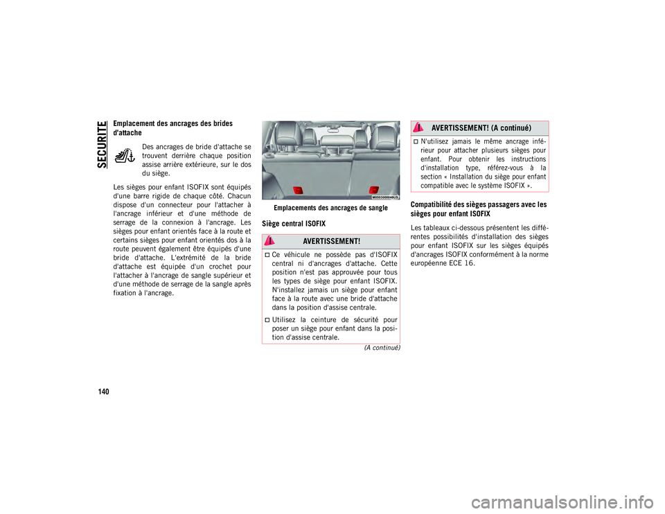 JEEP CHEROKEE 2020  Notice dentretien (in French) SECURITE
140
(A continué)
Emplacement des ancrages des brides 
d'attache
Des ancrages de bride d'attache se
trouvent  derrière  chaque  position
assise  arrière extérieure,  sur le  dos
du