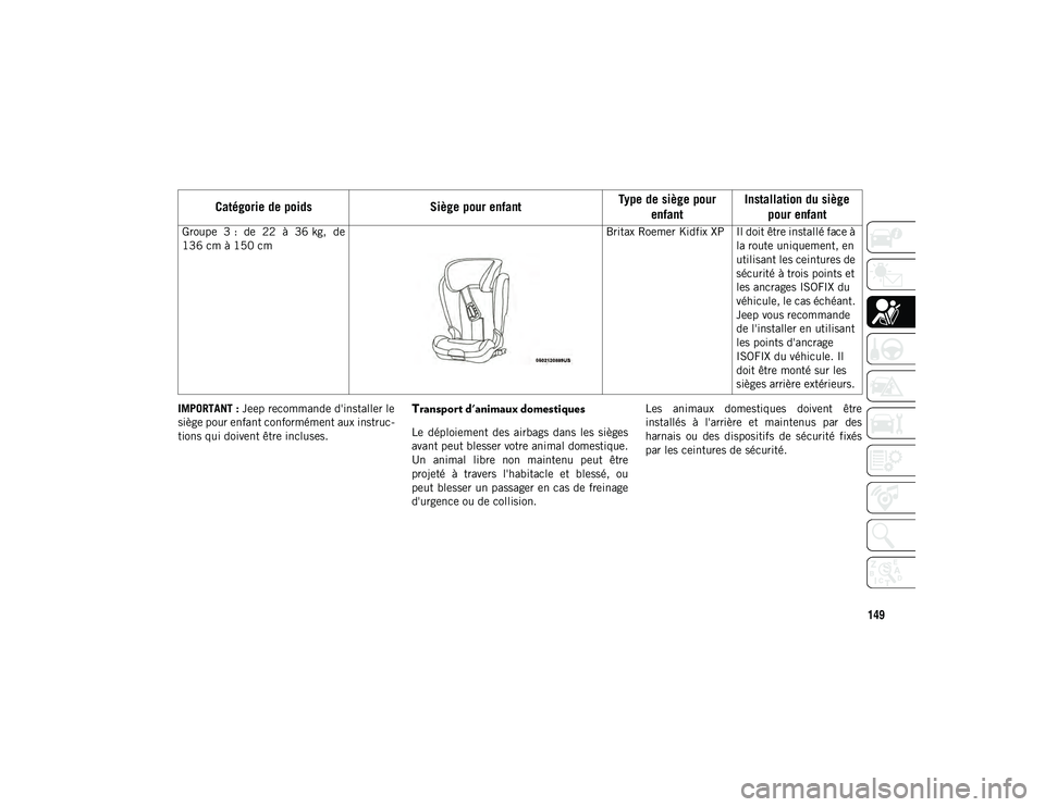JEEP CHEROKEE 2020  Notice dentretien (in French) 149
IMPORTANT : Jeep recommande d'installer le
siège pour enfant conformément aux instruc-
tions qui doivent être incluses.Transport d'animaux domestiques   
Le  déploiement  des  airbags 