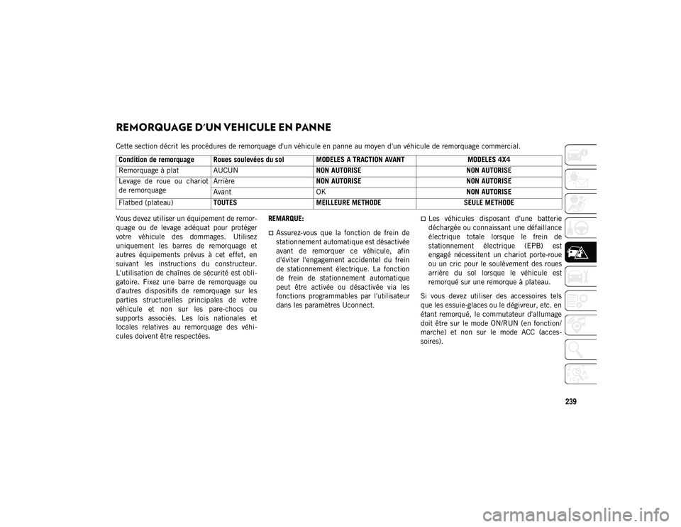 JEEP CHEROKEE 2020 Notice dentretien (in French) 239
REMORQUAGE D'UN VEHICULE EN PANNE
Cette section décrit les procédures de remorquage d'un véhicule en panne au moyen d'un véhicule de remorquage commercial.
Vous devez utiliser un JEEP CHEROKEE 2020 Notice dentretien (in French) 239
REMORQUAGE D'UN VEHICULE EN PANNE
Cette section décrit les procédures de remorquage d'un véhicule en panne au moyen d'un véhicule de remorquage commercial.
Vous devez utiliser un