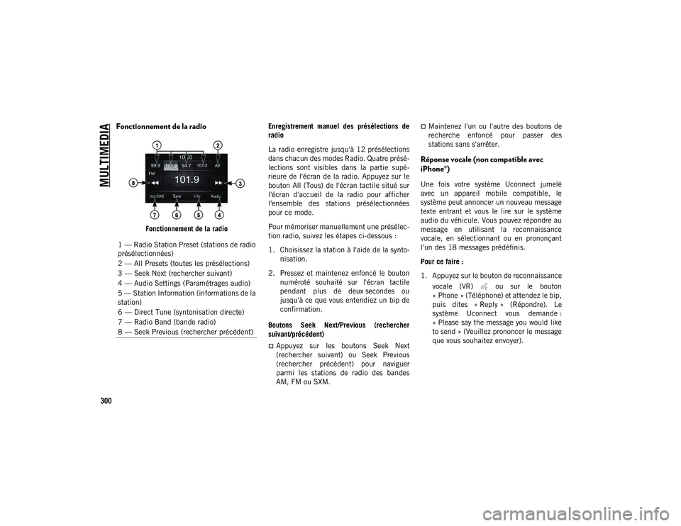 JEEP CHEROKEE 2020  Notice dentretien (in French) MULTIMEDIA
300
Fonctionnement de la radio 
Fonctionnement de la radioEnregistrement  manuel  des  présélections  de
radio
La  radio  enregistre  jusqu'à  12 présélections
dans chacun des mode