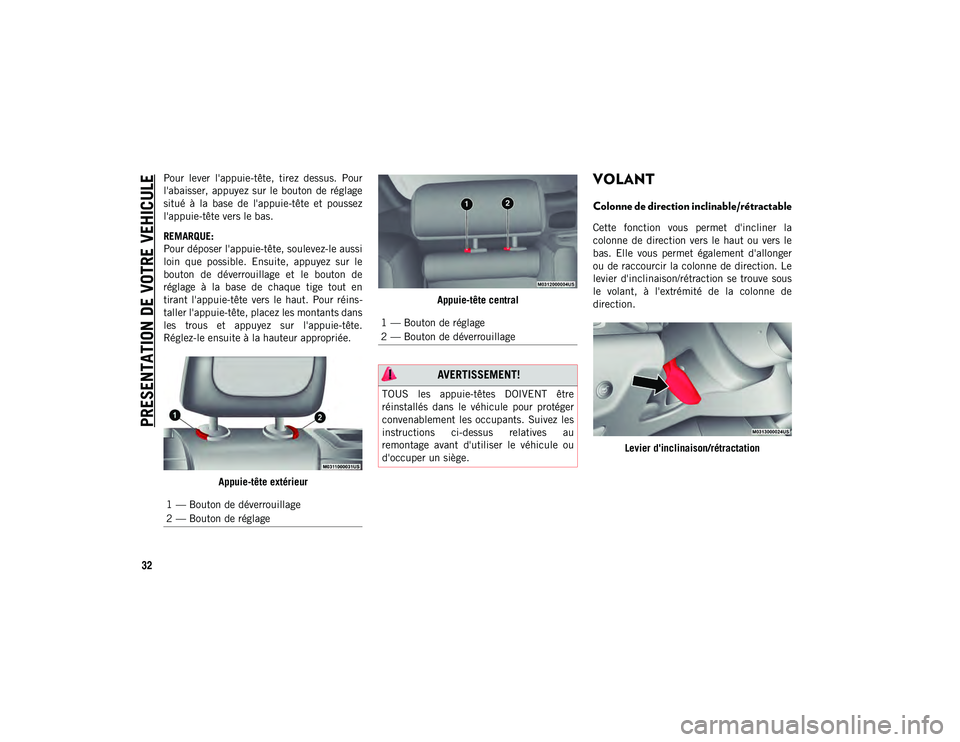 JEEP CHEROKEE 2020 Notice dentretien (in French) PRESENTATION DE VOTRE VEHICULE
32
Pour lever l'appuie-tête, tirez dessus. Pour
l'abaisser, appuyez sur le bouton de réglage
situé à la base de l'appuie-tête et pousse JEEP CHEROKEE 2020 Notice dentretien (in French) PRESENTATION DE VOTRE VEHICULE
32
Pour lever l'appuie-tête, tirez dessus. Pour
l'abaisser, appuyez sur le bouton de réglage
situé à la base de l'appuie-tête et pousse
