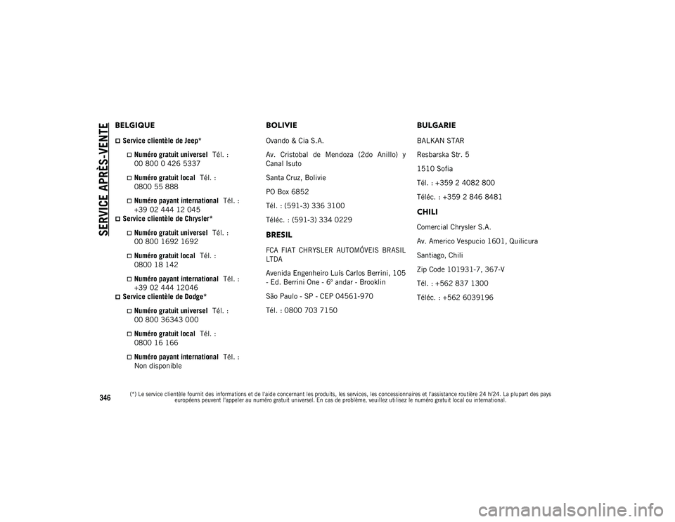 JEEP CHEROKEE 2020  Notice dentretien (in French) SERVICE APRÈS-VENTE

(*) Le service clientèle fournit des informations et de l'aide concernant les produits, les services, les concessionnaires et l'assistance routière 24 h/24. La plupart 
