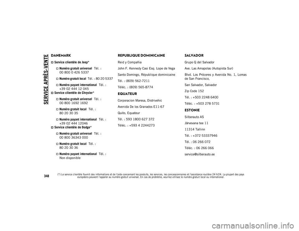 JEEP CHEROKEE 2020  Notice dentretien (in French) SERVICE APRÈS-VENTE

(*) Le service clientèle fournit des informations et de l'aide concernant les produits, les services, les concessionnaires et l'assistance routière 24 h/24. La plupart 