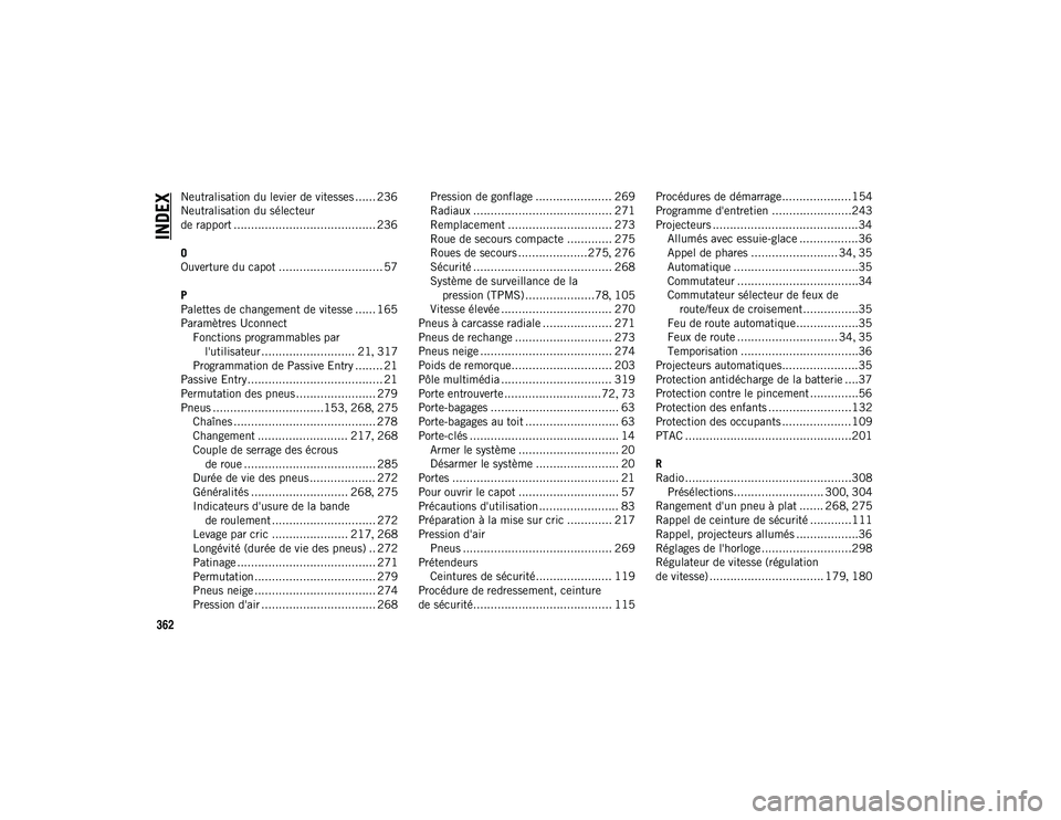 JEEP CHEROKEE 2020  Notice dentretien (in French) 362
INDEX
Neutralisation du levier de vitesses ...... 236
Neutralisation du sélecteur 
de rapport ......................................... 236
O
Ouverture du capot .............................. 57
