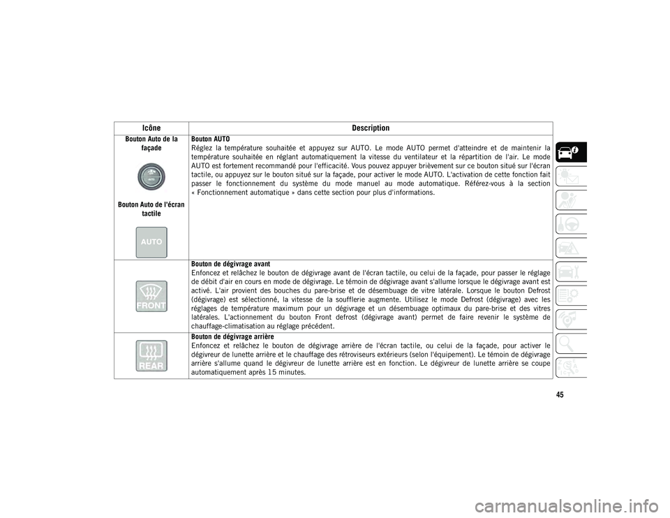 JEEP CHEROKEE 2020  Notice dentretien (in French) 45
Bouton Auto de la façade
  
Bouton Auto de l'écran  tactile Bouton AUTO
Réglez  la  température  souhaitée  et  appuyez  sur  AUTO.  Le  mode  AUTO  permet  d'atteindre  et  de  mainte