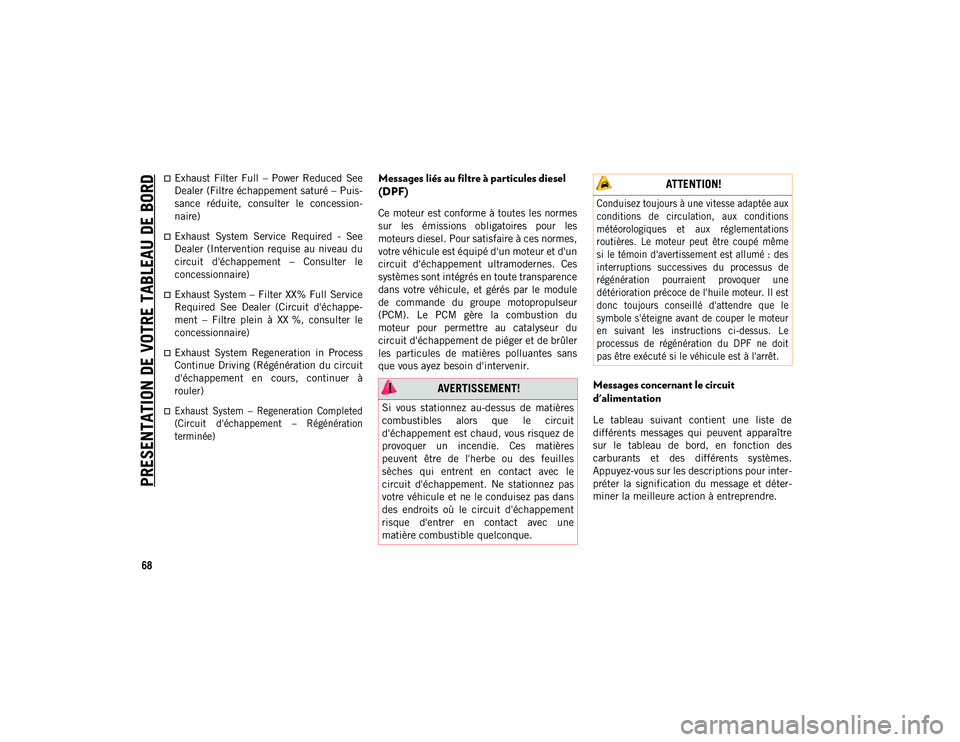 JEEP CHEROKEE 2020  Notice dentretien (in French) PRESENTATION DE VOTRE TABLEAU DE BORD
68
Exhaust  Filter  Full  –  Power  Reduced  See
Dealer (Filtre échappement saturé – Puis-
sance  réduite,  consulter  le  concession-
naire)
Exhaust