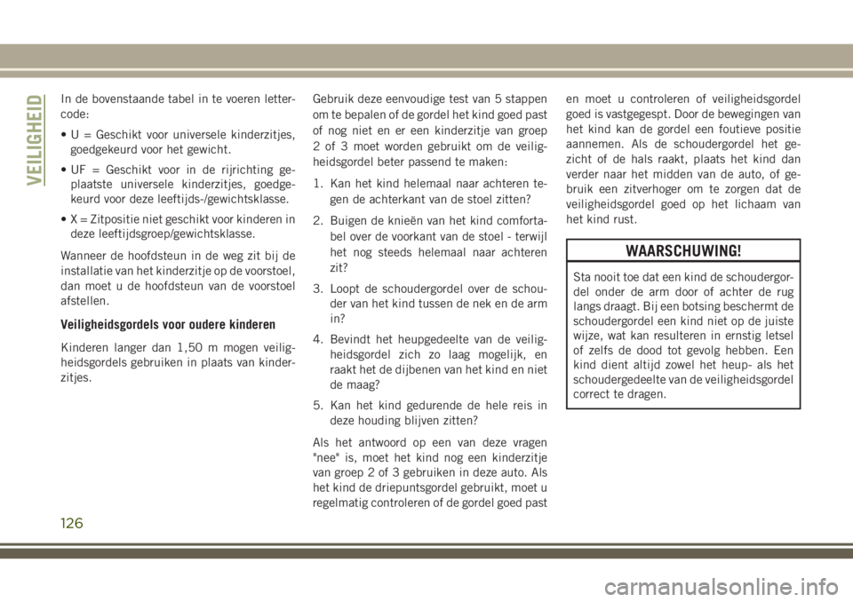 JEEP CHEROKEE 2018 Instructieboek (in Dutch) In de bovenstaande tabel in te voeren letter-
code:
• U = Geschikt voor universele kinderzitjes,
goedgekeurd voor het gewicht.
• UF = Geschikt voor in de rijrichting ge-
plaatste universele kinder JEEP CHEROKEE 2018 Instructieboek (in Dutch) In de bovenstaande tabel in te voeren letter-
code:
• U = Geschikt voor universele kinderzitjes,
goedgekeurd voor het gewicht.
• UF = Geschikt voor in de rijrichting ge-
plaatste universele kinder
