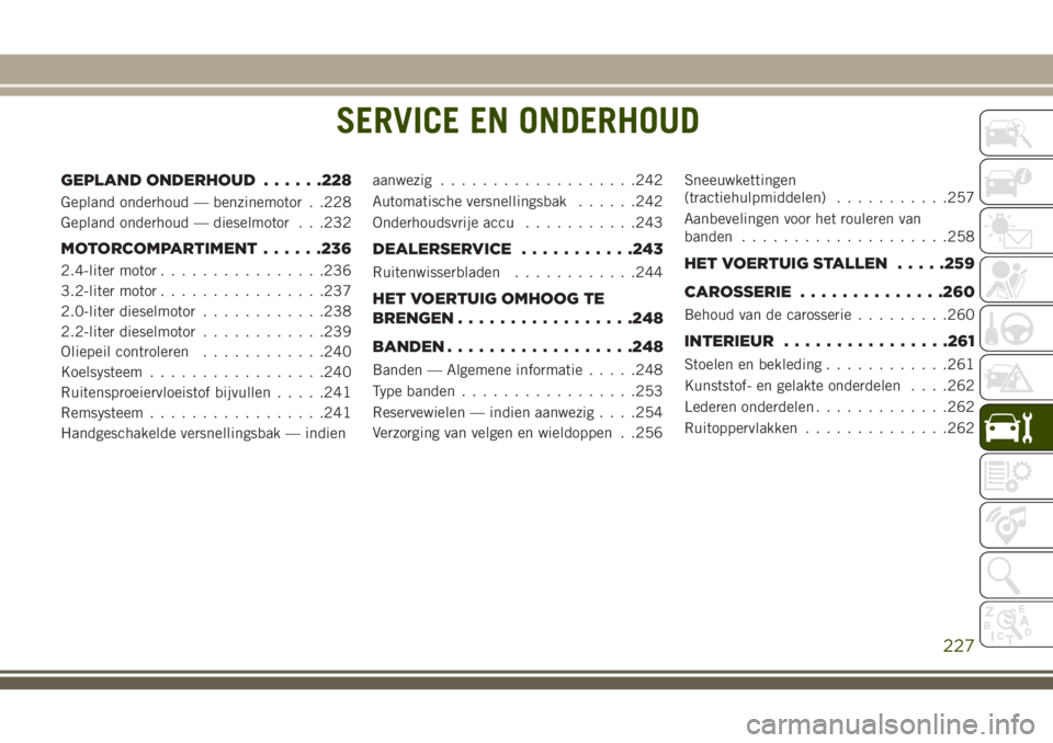 JEEP CHEROKEE 2018 Instructieboek (in Dutch) SERVICE EN ONDERHOUD
GEPLAND ONDERHOUD......228
Gepland onderhoud — benzinemotor . .228
Gepland onderhoud — dieselmotor . . .232
MOTORCOMPARTIMENT......236
2.4-liter motor................236
3.2-l JEEP CHEROKEE 2018 Instructieboek (in Dutch) SERVICE EN ONDERHOUD
GEPLAND ONDERHOUD......228
Gepland onderhoud — benzinemotor . .228
Gepland onderhoud — dieselmotor . . .232
MOTORCOMPARTIMENT......236
2.4-liter motor................236
3.2-l