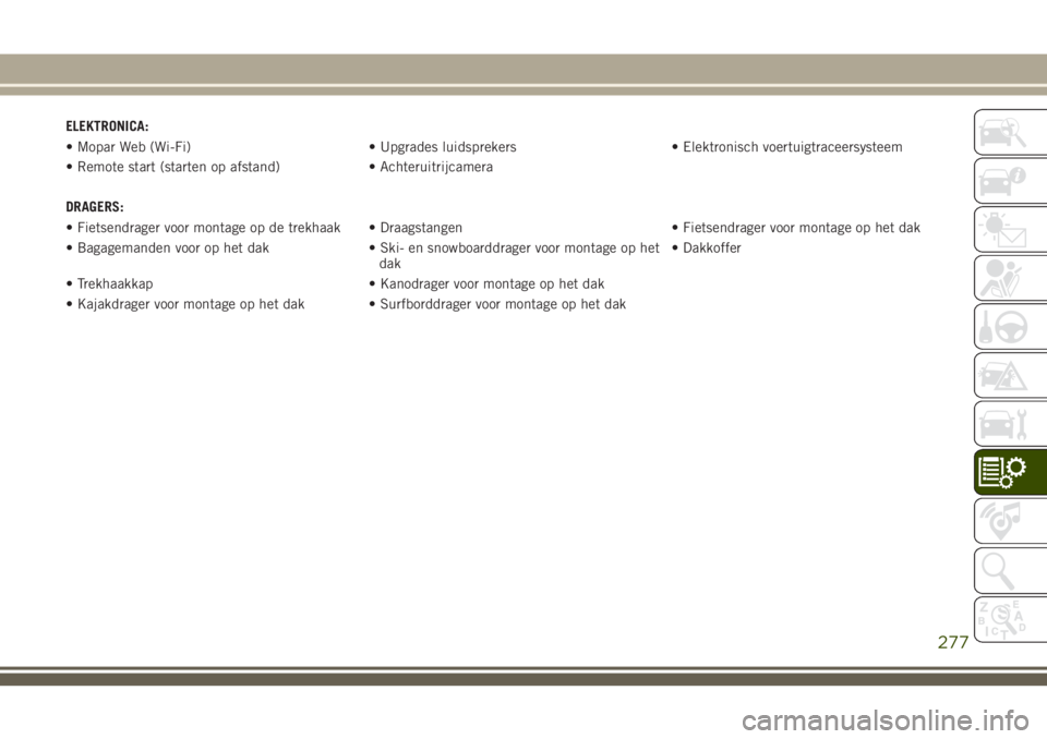 JEEP CHEROKEE 2018 Instructieboek (in Dutch) ELEKTRONICA:
• Mopar Web (Wi-Fi) • Upgrades luidsprekers • Elektronisch voertuigtraceersysteem
• Remote start (starten op afstand) • Achteruitrijcamera
DRAGERS:
• Fietsendrager voor montag JEEP CHEROKEE 2018 Instructieboek (in Dutch) ELEKTRONICA:
• Mopar Web (Wi-Fi) • Upgrades luidsprekers • Elektronisch voertuigtraceersysteem
• Remote start (starten op afstand) • Achteruitrijcamera
DRAGERS:
• Fietsendrager voor montag