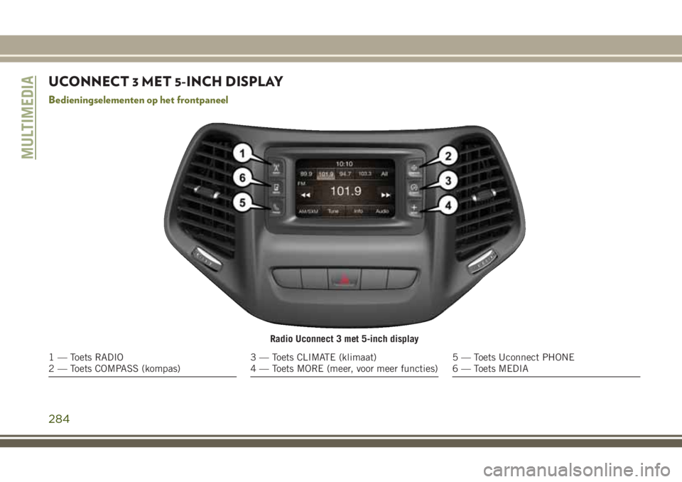 JEEP CHEROKEE 2018 Instructieboek (in Dutch) UCONNECT 3 MET 5-INCH DISPLAY
Bedieningselementen op het frontpaneel
Radio Uconnect 3 met 5-inch display
1 — Toets RADIO
2 — Toets COMPASS (kompas)3 — Toets CLIMATE (klimaat)
4 — Toets MORE (m JEEP CHEROKEE 2018 Instructieboek (in Dutch) UCONNECT 3 MET 5-INCH DISPLAY
Bedieningselementen op het frontpaneel
Radio Uconnect 3 met 5-inch display
1 — Toets RADIO
2 — Toets COMPASS (kompas)3 — Toets CLIMATE (klimaat)
4 — Toets MORE (m
