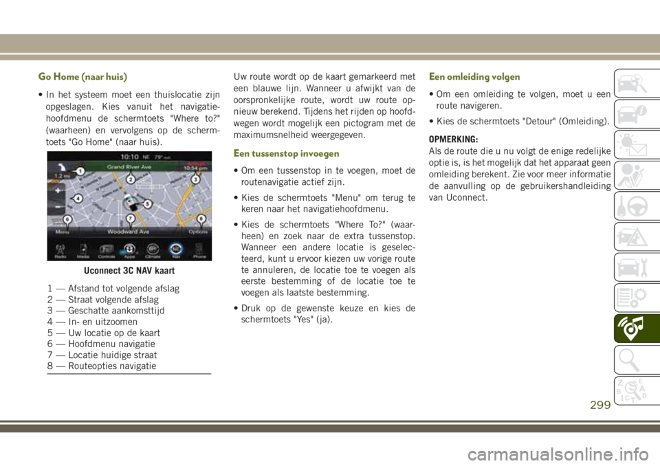 JEEP CHEROKEE 2018 Instructieboek (in Dutch) Go Home (naar huis)
• In het systeem moet een thuislocatie zijn
opgeslagen. Kies vanuit het navigatie-
hoofdmenu de schermtoets "Where to?"
(waarheen) en vervolgens op de scherm-
toets " JEEP CHEROKEE 2018 Instructieboek (in Dutch) Go Home (naar huis)
• In het systeem moet een thuislocatie zijn
opgeslagen. Kies vanuit het navigatie-
hoofdmenu de schermtoets "Where to?"
(waarheen) en vervolgens op de scherm-
toets "