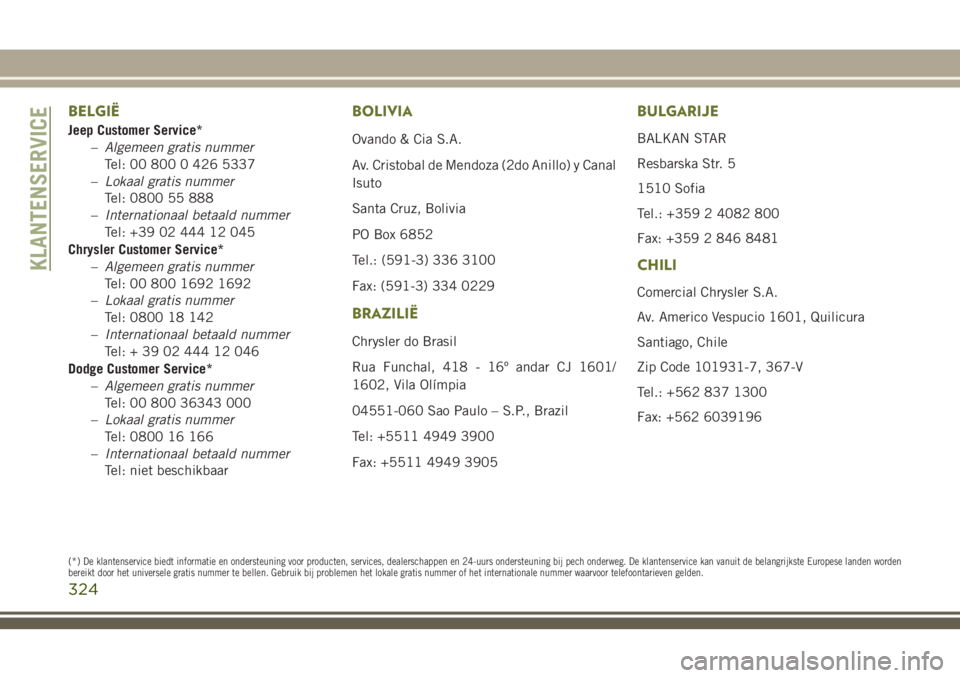JEEP CHEROKEE 2018  Instructieboek (in Dutch) BELGIË
Jeep Customer Service*
–Algemeen gratis nummer
Tel: 00 800 0 426 5337
–Lokaal gratis nummer
Tel: 0800 55 888
–Internationaal betaald nummer
Tel: +39 02 444 12 045
Chrysler Customer Servi