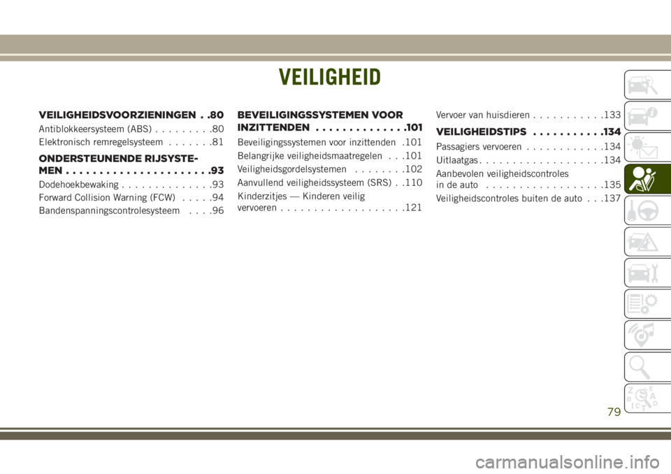 JEEP CHEROKEE 2018 Instructieboek (in Dutch) VEILIGHEID
VEILIGHEIDSVOORZIENINGEN . .80
Antiblokkeersysteem (ABS).........80
Elektronisch remregelsysteem.......81
ONDERSTEUNENDE RIJSYSTE-
MEN......................93
Dodehoekbewaking.............. JEEP CHEROKEE 2018 Instructieboek (in Dutch) VEILIGHEID
VEILIGHEIDSVOORZIENINGEN . .80
Antiblokkeersysteem (ABS).........80
Elektronisch remregelsysteem.......81
ONDERSTEUNENDE RIJSYSTE-
MEN......................93
Dodehoekbewaking..............