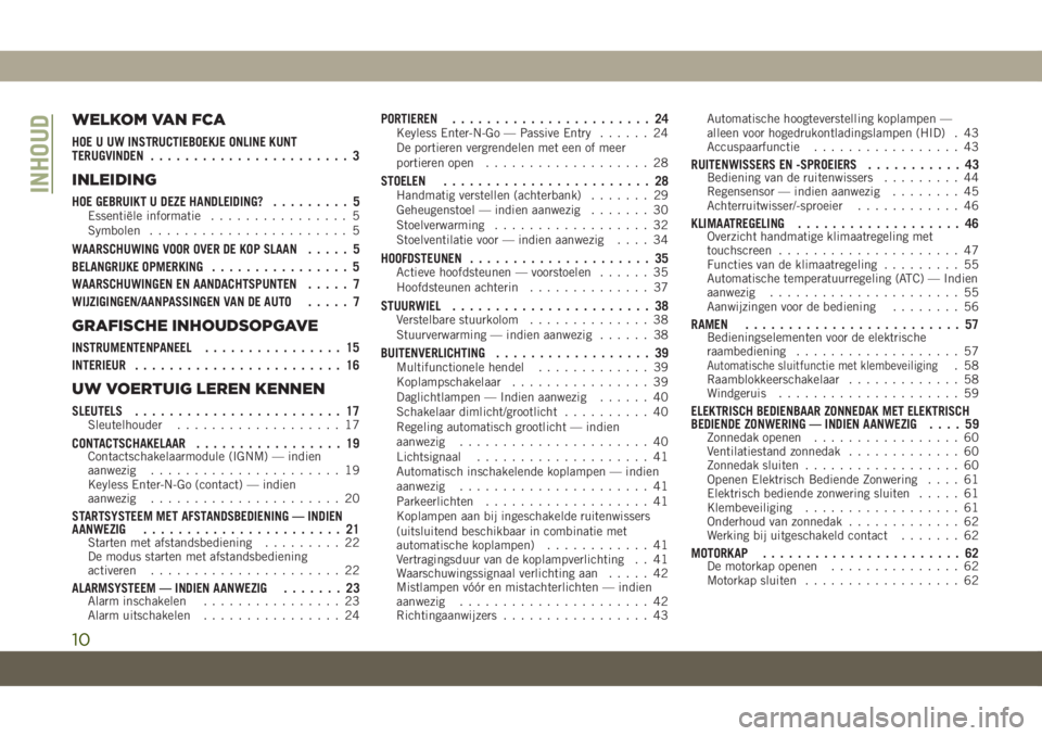 JEEP CHEROKEE 2019  Instructieboek (in Dutch) WELKOM VAN FCA
HOE U UW INSTRUCTIEBOEKJE ONLINE KUNT
TERUGVINDEN....................... 3
INLEIDING
HOE GEBRUIKT U DEZE HANDLEIDING?......... 5Essentiële informatie................ 5
Symbolen........
