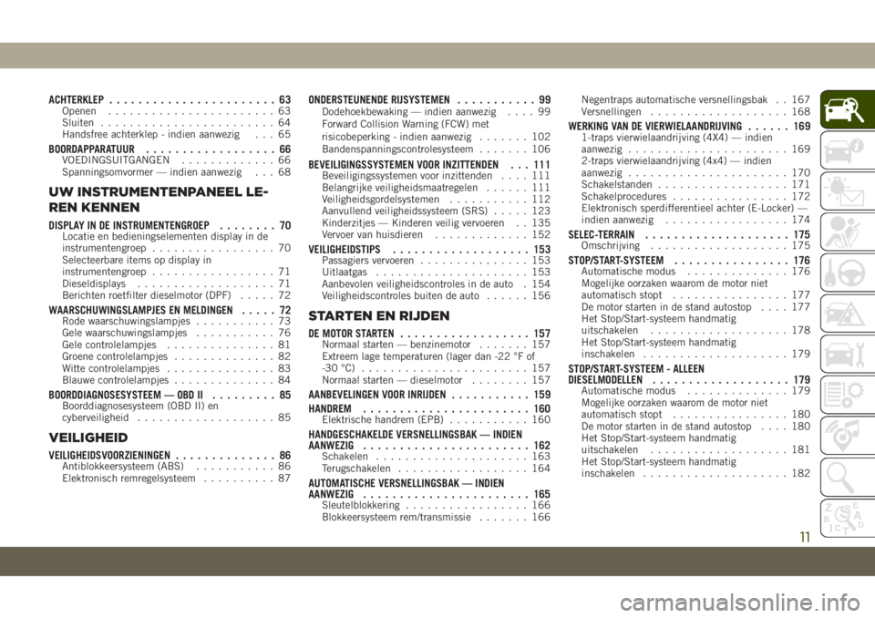 JEEP CHEROKEE 2019  Instructieboek (in Dutch) ACHTERKLEP....................... 63Openen....................... 63
Sluiten........................ 64
Handsfree achterklep - indien aanwezig . . . 65
BOORDAPPARATUUR.................. 66VOEDINGSUITG