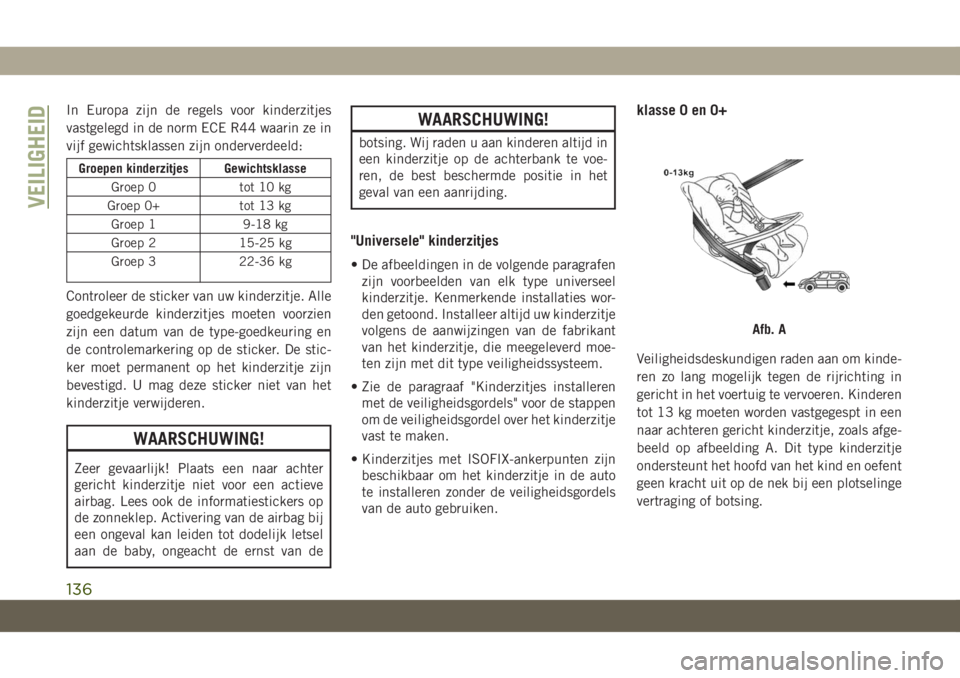 JEEP CHEROKEE 2019  Instructieboek (in Dutch) In Europa zijn de regels voor kinderzitjes
vastgelegd in de norm ECE R44 waarin ze in
vijf gewichtsklassen zijn onderverdeeld:
Groepen kinderzitjes Gewichtsklasse
Groep 0 tot 10 kg
Groep 0+ tot 13 kg
