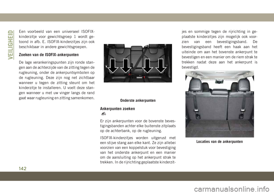 JEEP CHEROKEE 2019 Instructieboek (in Dutch) Een voorbeeld van een universeel ISOFIX-
kinderzitje voor gewichtsgroep 1 wordt ge-
toond in afb. E. ISOFIX-kinderzitjes zijn ook
beschikbaar in andere gewichtsgroepen.
Zoeken van de ISOFIX-ankerpunte JEEP CHEROKEE 2019 Instructieboek (in Dutch) Een voorbeeld van een universeel ISOFIX-
kinderzitje voor gewichtsgroep 1 wordt ge-
toond in afb. E. ISOFIX-kinderzitjes zijn ook
beschikbaar in andere gewichtsgroepen.
Zoeken van de ISOFIX-ankerpunte
