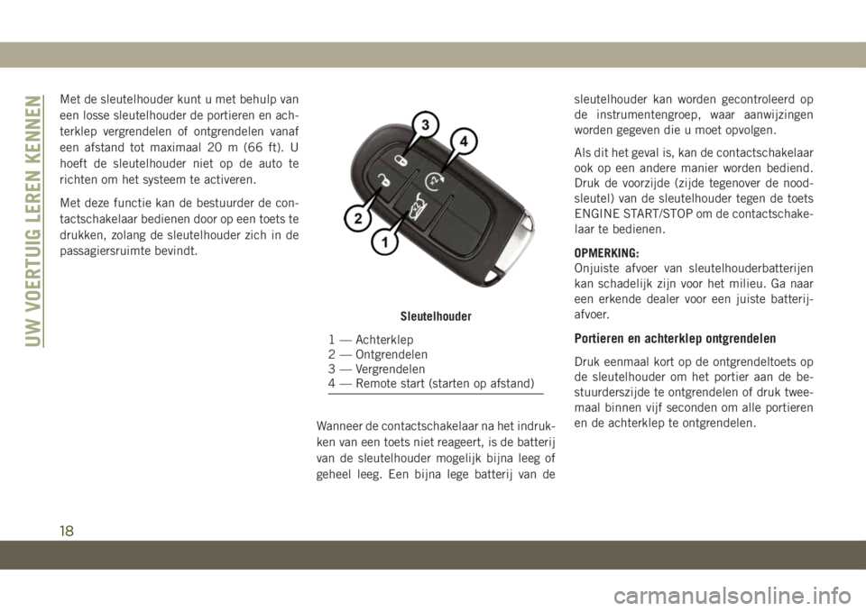 JEEP CHEROKEE 2019  Instructieboek (in Dutch) Met de sleutelhouder kunt u met behulp van
een losse sleutelhouder de portieren en ach-
terklep vergrendelen of ontgrendelen vanaf
een afstand tot maximaal 20 m (66 ft). U
hoeft de sleutelhouder niet 