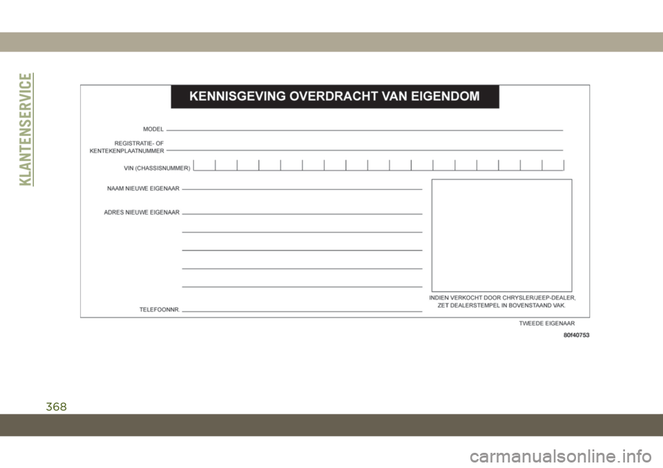 JEEP CHEROKEE 2019 Instructieboek (in Dutch) KLANTENSERVICE
368 JEEP CHEROKEE 2019 Instructieboek (in Dutch) KLANTENSERVICE
368