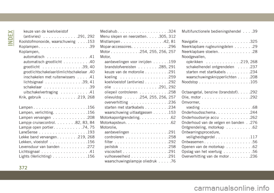 JEEP CHEROKEE 2019  Instructieboek (in Dutch) keuze van de koelvloeistof
(antivries).............291, 292
Koolstofmonoxide, waarschuwing. . . .153
Koplampen...................39
Koplampen,
automatisch................41
automatisch grootlicht.....