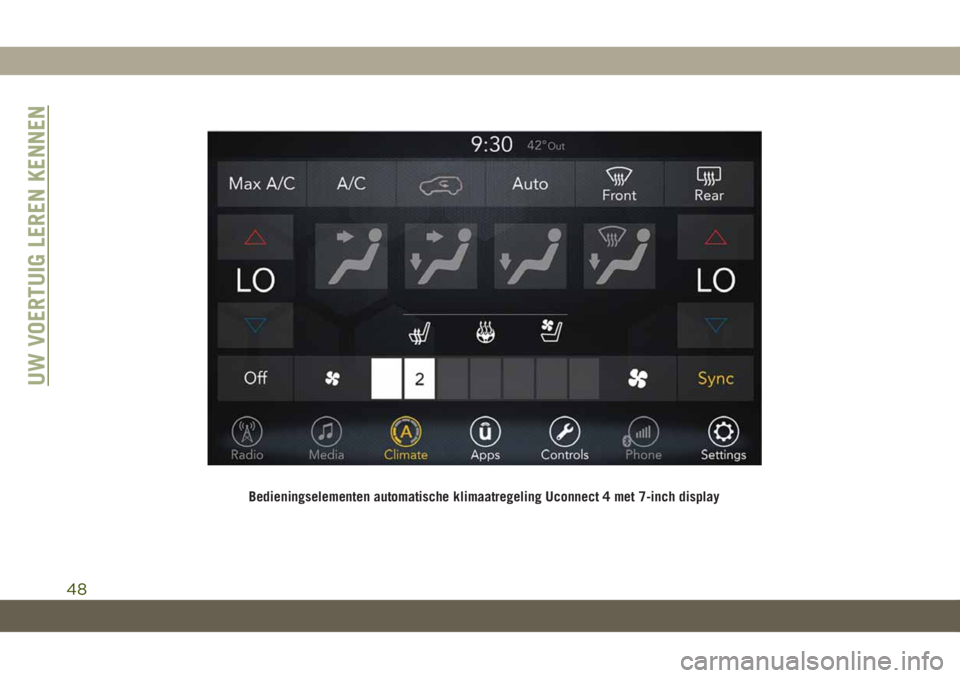 JEEP CHEROKEE 2019  Instructieboek (in Dutch) Bedieningselementen automatische klimaatregeling Uconnect 4 met 7-inch display
UW VOERTUIG LEREN KENNEN
48 