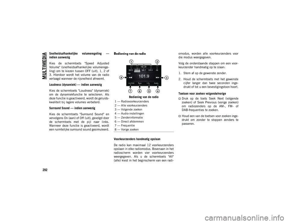 JEEP CHEROKEE 2020 Instructieboek (in Dutch) MULTIMEDIA
292
Snelheidsafhankelijke volumeregeling —
indien aanwezig
Kies de schermtoets "Speed Adjusted
Volume" (snelheidsafhankelijke volumerege-
ling) om te kiezen tussen OF JEEP CHEROKEE 2020 Instructieboek (in Dutch) MULTIMEDIA
292
Snelheidsafhankelijke volumeregeling —
indien aanwezig
Kies de schermtoets "Speed Adjusted
Volume" (snelheidsafhankelijke volumerege-
ling) om te kiezen tussen OF