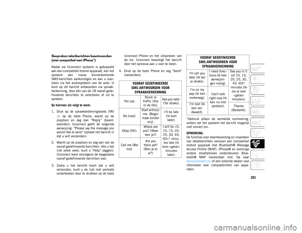 JEEP CHEROKEE 2021  Instructieboek (in Dutch) 293
Gesproken tekstberichten beantwoorden 
(niet compatibel met iPhone®) 
Nadat  uw  Uconnect  systeem  is  gekoppeld
aan een compatibel mobiel apparaat, kan het
systeem  een  nieuw  binnenkomende
SM