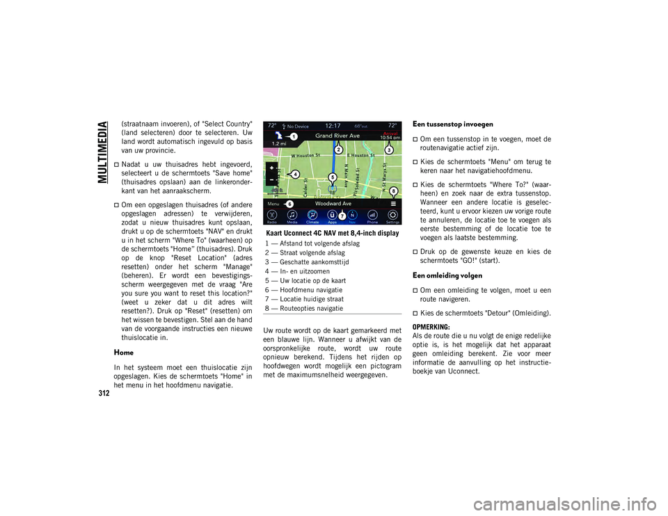 JEEP CHEROKEE 2020 Instructieboek (in Dutch) MULTIMEDIA
312
(straatnaam invoeren), of "Select Country"
(land selecteren) door te selecteren. Uw
land wordt automatisch ingevuld op basis
van uw provincie.
Nadat u uw thuisadres JEEP CHEROKEE 2020 Instructieboek (in Dutch) MULTIMEDIA
312
(straatnaam invoeren), of "Select Country"
(land selecteren) door te selecteren. Uw
land wordt automatisch ingevuld op basis
van uw provincie.
Nadat u uw thuisadres