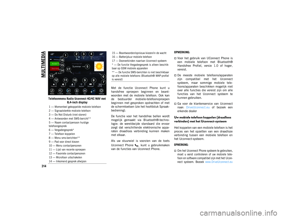 JEEP CHEROKEE 2021  Instructieboek (in Dutch) MULTIMEDIA
314
Telefoonmenu Radio Uconnect 4C/4C NAV met 8,4-inch display Met  de  functie  Uconnect  Phone  kunt  u
handsfree  oproepen  beginnen  en  beant-
woorden  met  de  mobiele  telefoon.  Ook