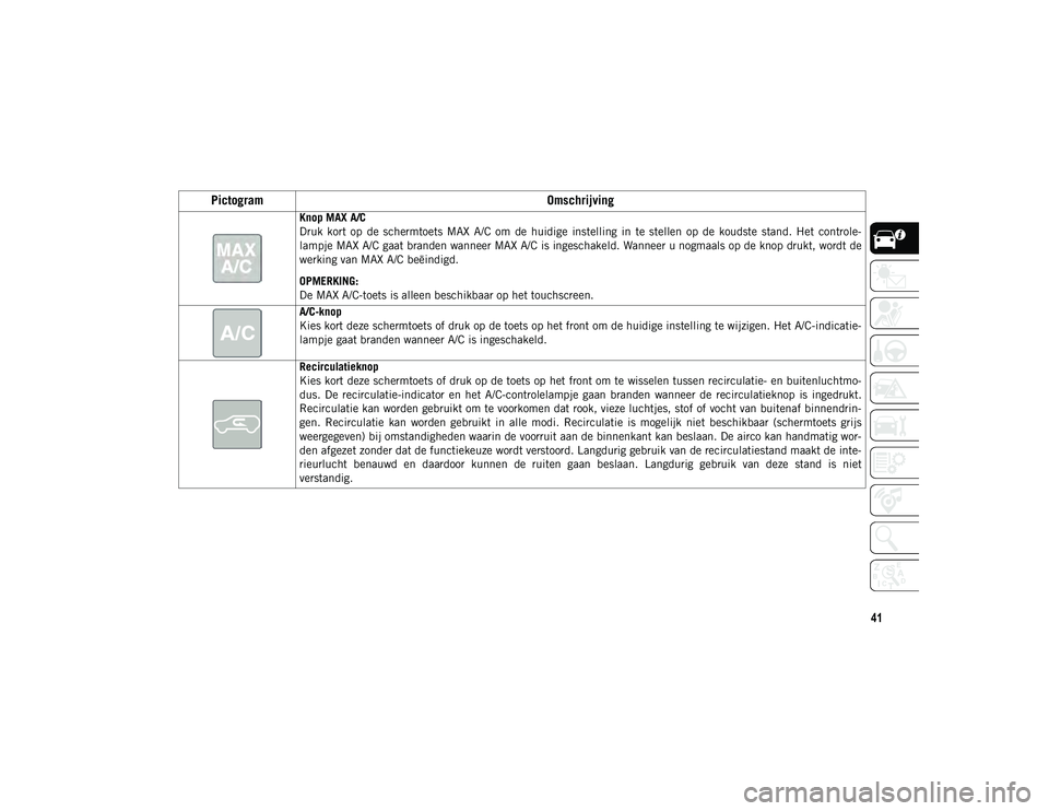 JEEP CHEROKEE 2020 Instructieboek (in Dutch) 41
Pictogram
Omschrijving
Knop MAX A/C
Druk kort op de schermtoets MAX A/C om de huidige instelling in te stellen op de koudste stand. Het controle-
lampje MAX A/C gaat branden wann JEEP CHEROKEE 2020 Instructieboek (in Dutch) 41
Pictogram
Omschrijving
Knop MAX A/C
Druk kort op de schermtoets MAX A/C om de huidige instelling in te stellen op de koudste stand. Het controle-
lampje MAX A/C gaat branden wann