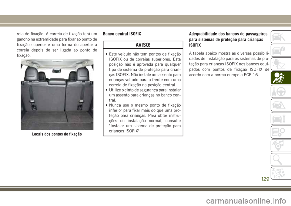 JEEP CHEROKEE 2018  Manual de Uso e Manutenção (in Portuguese) reia de fixação. A correia de fixação terá um
gancho na extremidade para fixar ao ponto de
fixação superior e uma forma de apertar a
correia depois de ser ligada ao ponto de
fixação.Banco cen