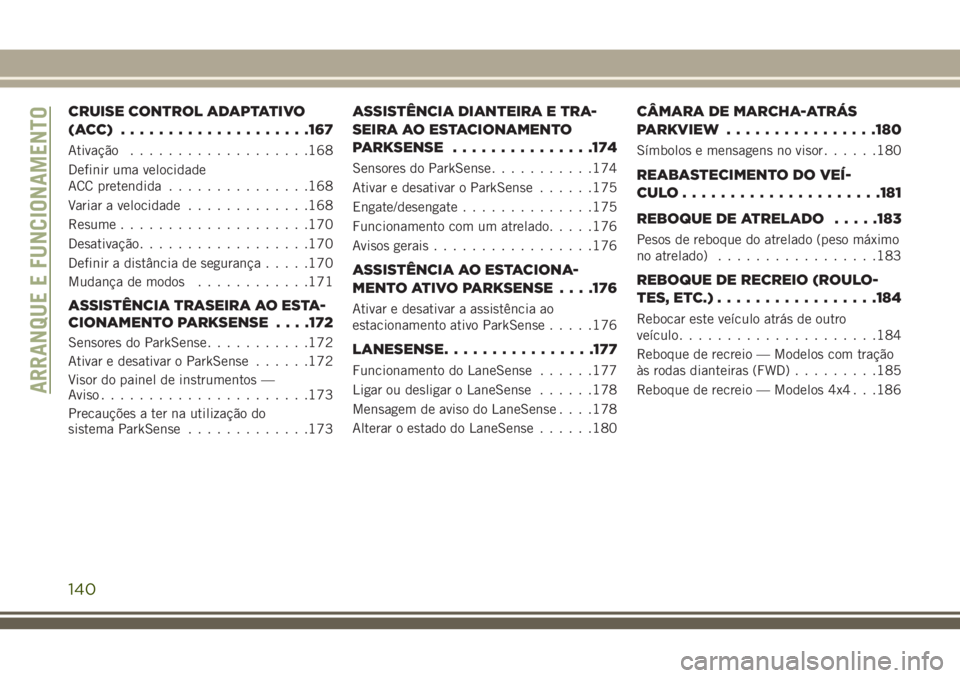 JEEP CHEROKEE 2018 Manual de Uso e Manutenção (in Portuguese) CRUISE CONTROL ADAPTATIVO
(ACC) ....................167
Ativação...................168
Definir uma velocidade
ACC pretendida...............168
Variar a velocidade.............168
Resume............. JEEP CHEROKEE 2018 Manual de Uso e Manutenção (in Portuguese) CRUISE CONTROL ADAPTATIVO
(ACC) ....................167
Ativação...................168
Definir uma velocidade
ACC pretendida...............168
Variar a velocidade.............168
Resume.............