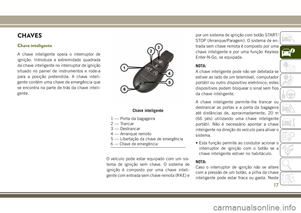 JEEP CHEROKEE 2018  Manual de Uso e Manutenção (in Portuguese) CHAVES
Chave inteligente
A chave inteligente opera o interruptor de
ignição. Introduza a extremidade quadrada
da chave inteligente no interruptor de ignição
situado no painel de instrumentos e rod