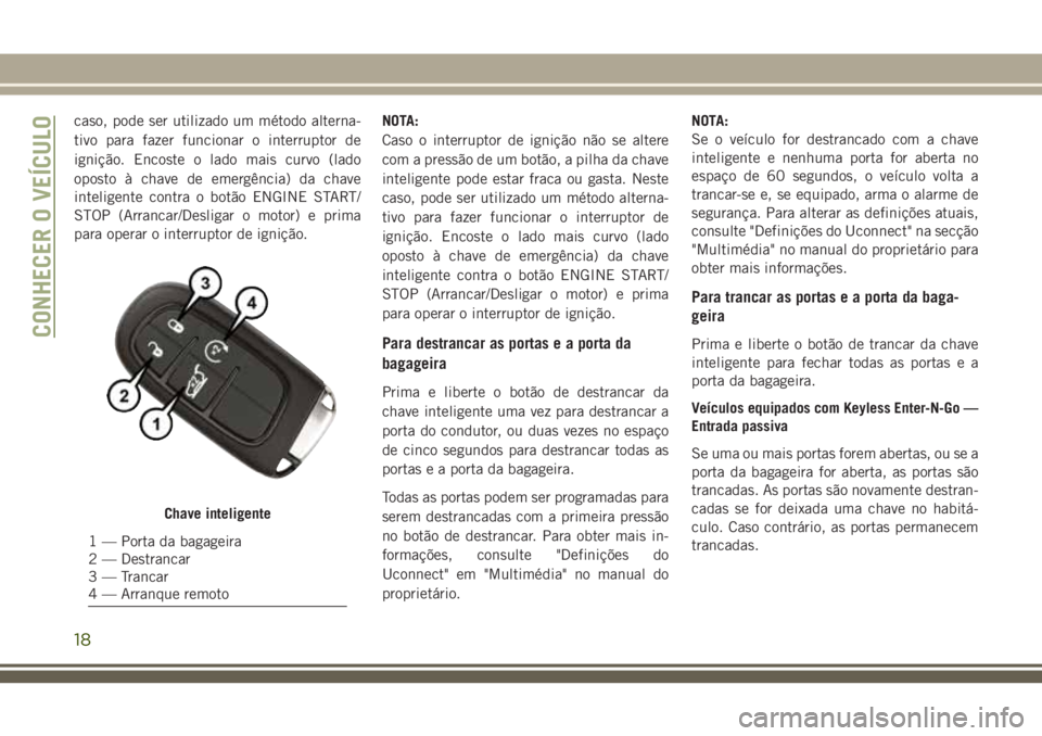 JEEP CHEROKEE 2018  Manual de Uso e Manutenção (in Portuguese) caso, pode ser utilizado um método alterna-
tivo para fazer funcionar o interruptor de
ignição. Encoste o lado mais curvo (lado
oposto à chave de emergência) da chave
inteligente contra o botão 