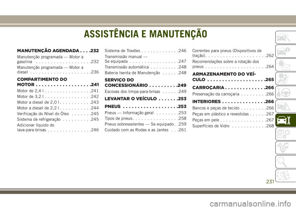JEEP CHEROKEE 2018 Manual de Uso e Manutenção (in Portuguese) ASSISTÊNCIA E MANUTENÇÃO
MANUTENÇÃO AGENDADA. . . .232
Manutenção programada — Motor a
gasolina...................232
Manutenção programada — Motor a
diesel.....................236
COMPAR JEEP CHEROKEE 2018 Manual de Uso e Manutenção (in Portuguese) ASSISTÊNCIA E MANUTENÇÃO
MANUTENÇÃO AGENDADA. . . .232
Manutenção programada — Motor a
gasolina...................232
Manutenção programada — Motor a
diesel.....................236
COMPAR