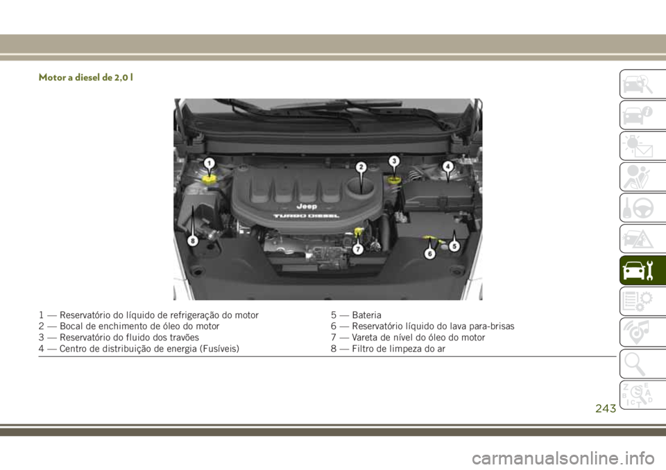 JEEP CHEROKEE 2018 Manual de Uso e Manutenção (in Portuguese) Motor a diesel de 2,0 l
1 — Reservatório do líquido de refrigeração do motor 5 — Bateria
2 — Bocal de enchimento de óleo do motor 6 — Reservatório líquido do lava para-brisas
3 — Rese JEEP CHEROKEE 2018 Manual de Uso e Manutenção (in Portuguese) Motor a diesel de 2,0 l
1 — Reservatório do líquido de refrigeração do motor 5 — Bateria
2 — Bocal de enchimento de óleo do motor 6 — Reservatório líquido do lava para-brisas
3 — Rese