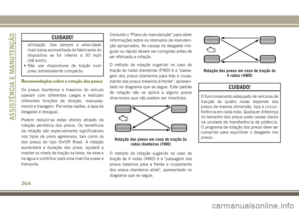 JEEP CHEROKEE 2018 Manual de Uso e Manutenção (in Portuguese) CUIDADO!
utilização. Use sempre a velocidade
mais baixa aconselhada do fabricante do
dispositivo se for inferior a 30 mph
(48 km/h).
• Não use dispositivos de tração num
pneu sobresselente comp JEEP CHEROKEE 2018 Manual de Uso e Manutenção (in Portuguese) CUIDADO!
utilização. Use sempre a velocidade
mais baixa aconselhada do fabricante do
dispositivo se for inferior a 30 mph
(48 km/h).
• Não use dispositivos de tração num
pneu sobresselente comp