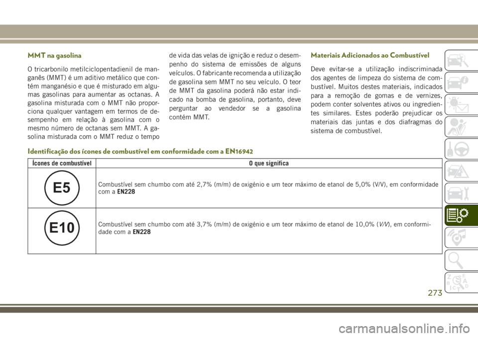 JEEP CHEROKEE 2018 Manual de Uso e Manutenção (in Portuguese) MMT na gasolina
O tricarbonilo metilciclopentadienil de man-
ganês (MMT) é um aditivo metálico que con-
tém manganésio e que é misturado em algu-
mas gasolinas para aumentar as octanas. A
gasoli JEEP CHEROKEE 2018 Manual de Uso e Manutenção (in Portuguese) MMT na gasolina
O tricarbonilo metilciclopentadienil de man-
ganês (MMT) é um aditivo metálico que con-
tém manganésio e que é misturado em algu-
mas gasolinas para aumentar as octanas. A
gasoli