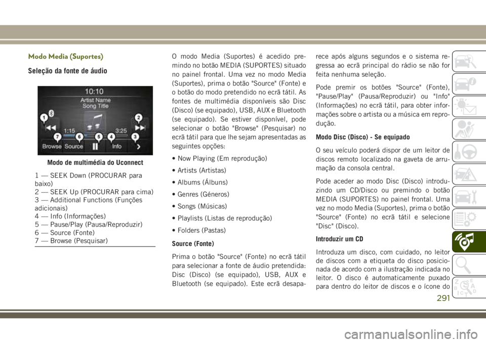 JEEP CHEROKEE 2018 Manual de Uso e Manutenção (in Portuguese) Modo Media (Suportes)
Seleção da fonte de áudioO modo Media (Suportes) é acedido pre-
mindo no botão MEDIA (SUPORTES) situado
no painel frontal. Uma vez no modo Media
(Suportes), prima o botão & JEEP CHEROKEE 2018 Manual de Uso e Manutenção (in Portuguese) Modo Media (Suportes)
Seleção da fonte de áudioO modo Media (Suportes) é acedido pre-
mindo no botão MEDIA (SUPORTES) situado
no painel frontal. Uma vez no modo Media
(Suportes), prima o botão &
