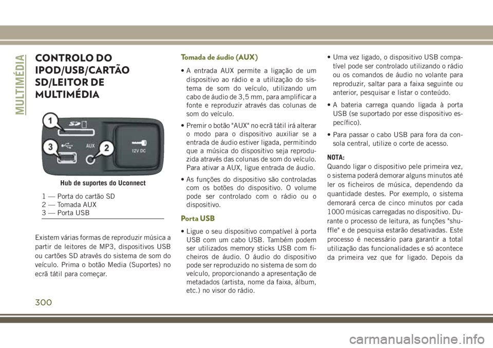 JEEP CHEROKEE 2018 Manual de Uso e Manutenção (in Portuguese) CONTROLO DO
IPOD/USB/CARTÃO
SD/LEITOR DE
MULTIMÉDIA
Existem várias formas de reproduzir música a
partir de leitores de MP3, dispositivos USB
ou cartões SD através do sistema de som do
veículo. JEEP CHEROKEE 2018 Manual de Uso e Manutenção (in Portuguese) CONTROLO DO
IPOD/USB/CARTÃO
SD/LEITOR DE
MULTIMÉDIA
Existem várias formas de reproduzir música a
partir de leitores de MP3, dispositivos USB
ou cartões SD através do sistema de som do
veículo.