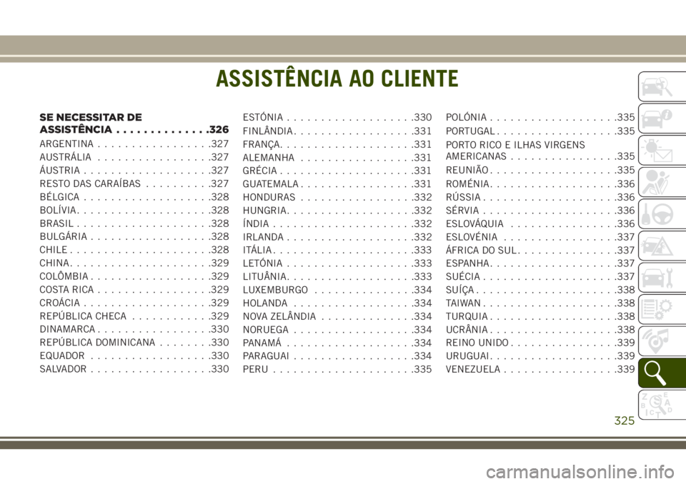 JEEP CHEROKEE 2018  Manual de Uso e Manutenção (in Portuguese) ASSISTÊNCIA AO CLIENTE
SE NECESSITAR DE
ASSISTÊNCIA..............326
ARGENTINA.................327
AUSTRÁLIA.................327
ÁUSTRIA...................327
RESTO DAS CARAÍBAS..........327
BÉL