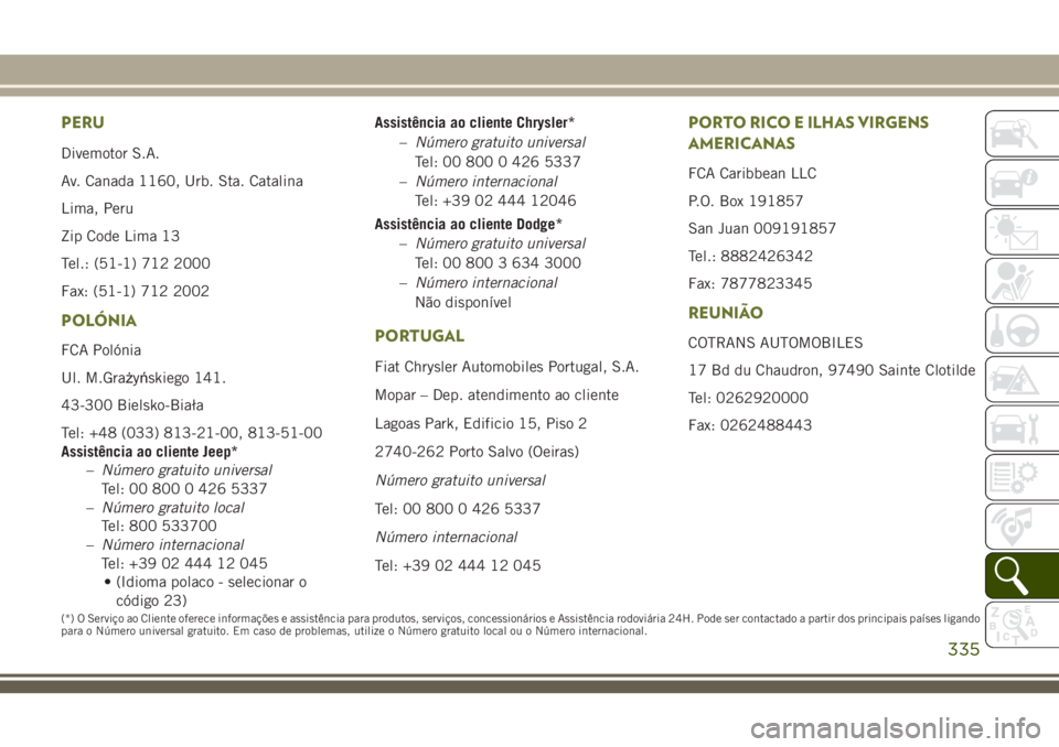 JEEP CHEROKEE 2018  Manual de Uso e Manutenção (in Portuguese) PERU
Divemotor S.A.
Av. Canada 1160, Urb. Sta. Catalina
Lima, Peru
Zip Code Lima 13
Tel.: (51-1) 712 2000
Fax: (51-1) 712 2002
POLÓNIA
FCA Polónia
Ul. M.Grażyńskiego 141.
43-300 Bielsko-Biała
Tel