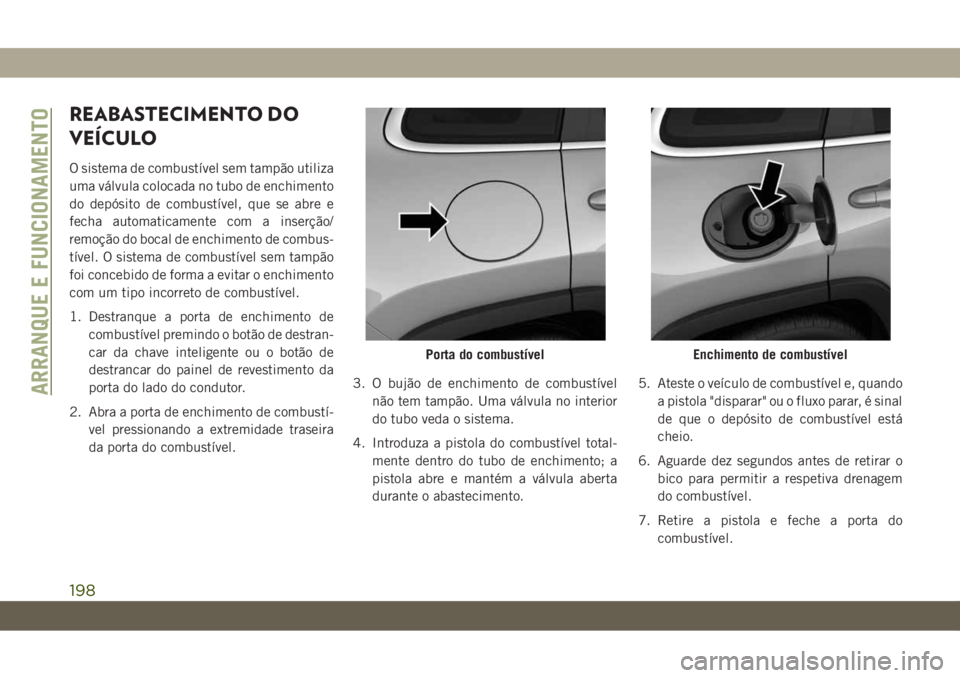 JEEP CHEROKEE 2019 Manual de Uso e Manutenção (in Portuguese) REABASTECIMENTO DO
VEÍCULO
O sistema de combustível sem tampão utiliza
uma válvula colocada no tubo de enchimento
do depósito de combustível, que se abre e
fecha automaticamente com a inserção JEEP CHEROKEE 2019 Manual de Uso e Manutenção (in Portuguese) REABASTECIMENTO DO
VEÍCULO
O sistema de combustível sem tampão utiliza
uma válvula colocada no tubo de enchimento
do depósito de combustível, que se abre e
fecha automaticamente com a inserção
