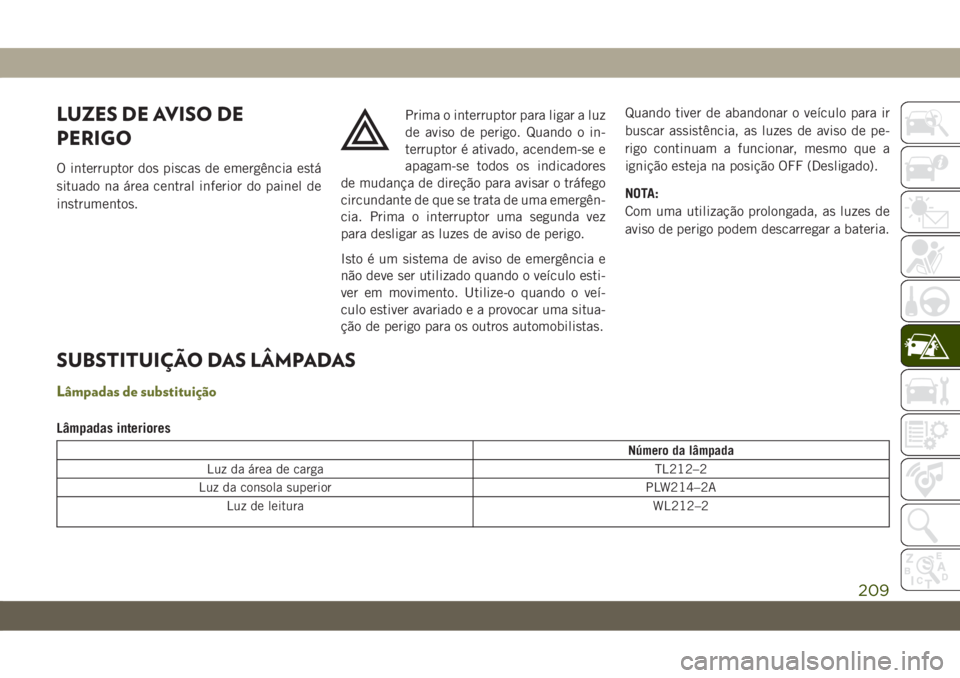 JEEP CHEROKEE 2019 Manual de Uso e Manutenção (in Portuguese) LUZES DE AVISO DE
PERIGO
O interruptor dos piscas de emergência está
situado na área central inferior do painel de
instrumentos.Prima o interruptor para ligar a luz
de aviso de perigo. Quando o in- JEEP CHEROKEE 2019 Manual de Uso e Manutenção (in Portuguese) LUZES DE AVISO DE
PERIGO
O interruptor dos piscas de emergência está
situado na área central inferior do painel de
instrumentos.Prima o interruptor para ligar a luz
de aviso de perigo. Quando o in-