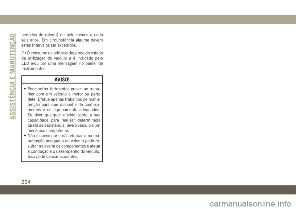JEEP CHEROKEE 2019 Manual de Uso e Manutenção (in Portuguese) períodos de ralenti) ou pelo menos a cada
seis anos. Em circunstância alguma devem
estes intervalos ser excedidos.
(°) O consumo de aditivos depende do estado
de utilização do veículo e é indic JEEP CHEROKEE 2019 Manual de Uso e Manutenção (in Portuguese) períodos de ralenti) ou pelo menos a cada
seis anos. Em circunstância alguma devem
estes intervalos ser excedidos.
(°) O consumo de aditivos depende do estado
de utilização do veículo e é indic