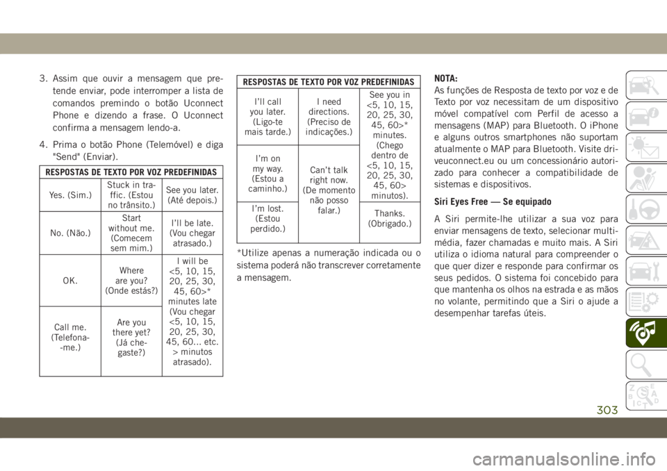 JEEP CHEROKEE 2019 Manual de Uso e Manutenção (in Portuguese) 3. Assim que ouvir a mensagem que pre-
tende enviar, pode interromper a lista de
comandos premindo o botão Uconnect
Phone e dizendo a frase. O Uconnect
confirma a mensagem lendo-a.
4. Prima o botão JEEP CHEROKEE 2019 Manual de Uso e Manutenção (in Portuguese) 3. Assim que ouvir a mensagem que pre-
tende enviar, pode interromper a lista de
comandos premindo o botão Uconnect
Phone e dizendo a frase. O Uconnect
confirma a mensagem lendo-a.
4. Prima o botão